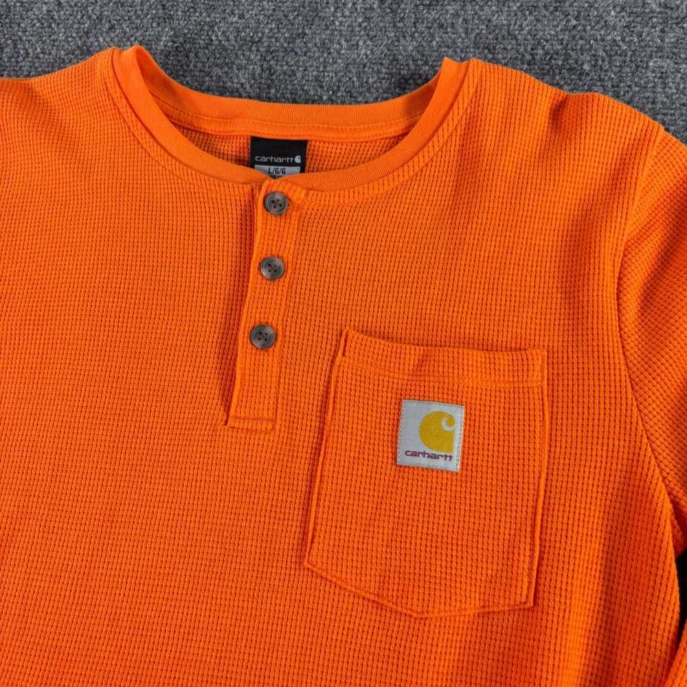 Carhartt Henley Shirt Kids L‎ Orange Waffle Knit Thermal Long Sleeve Pocket